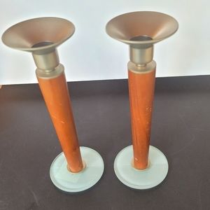Pair of vintage teak wood, glass, and metal Danish Canble Holders, MCM, Rare